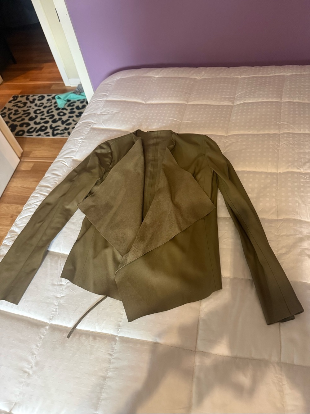Suede Olive Green Draped Open-Front Women's Jacket
